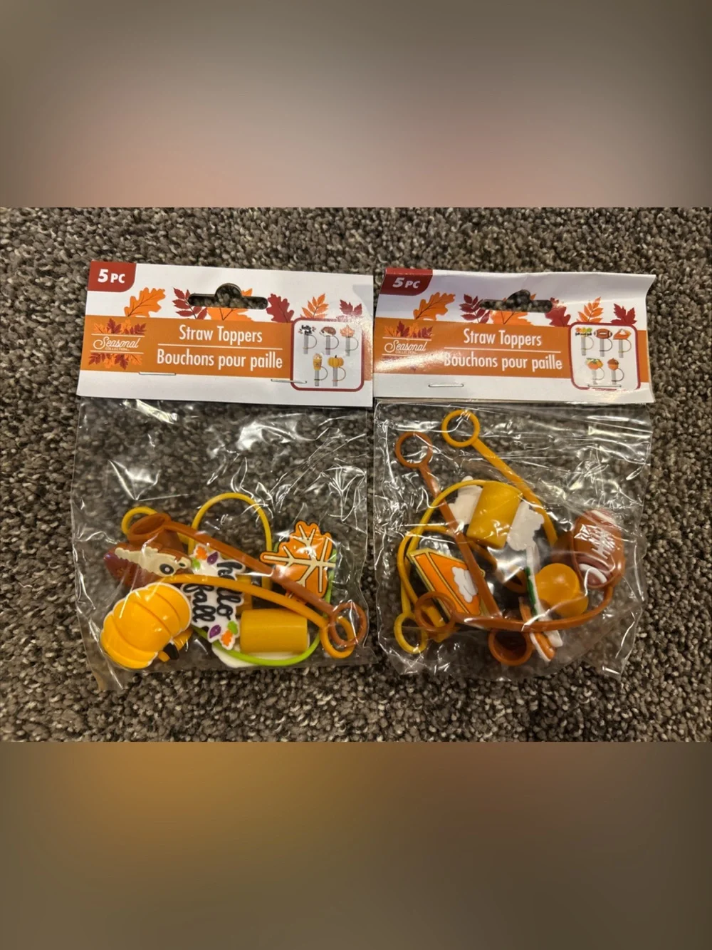 Fall Pumpkin & Leaf Straw Toppers - Orange/Yellow - Unbranded